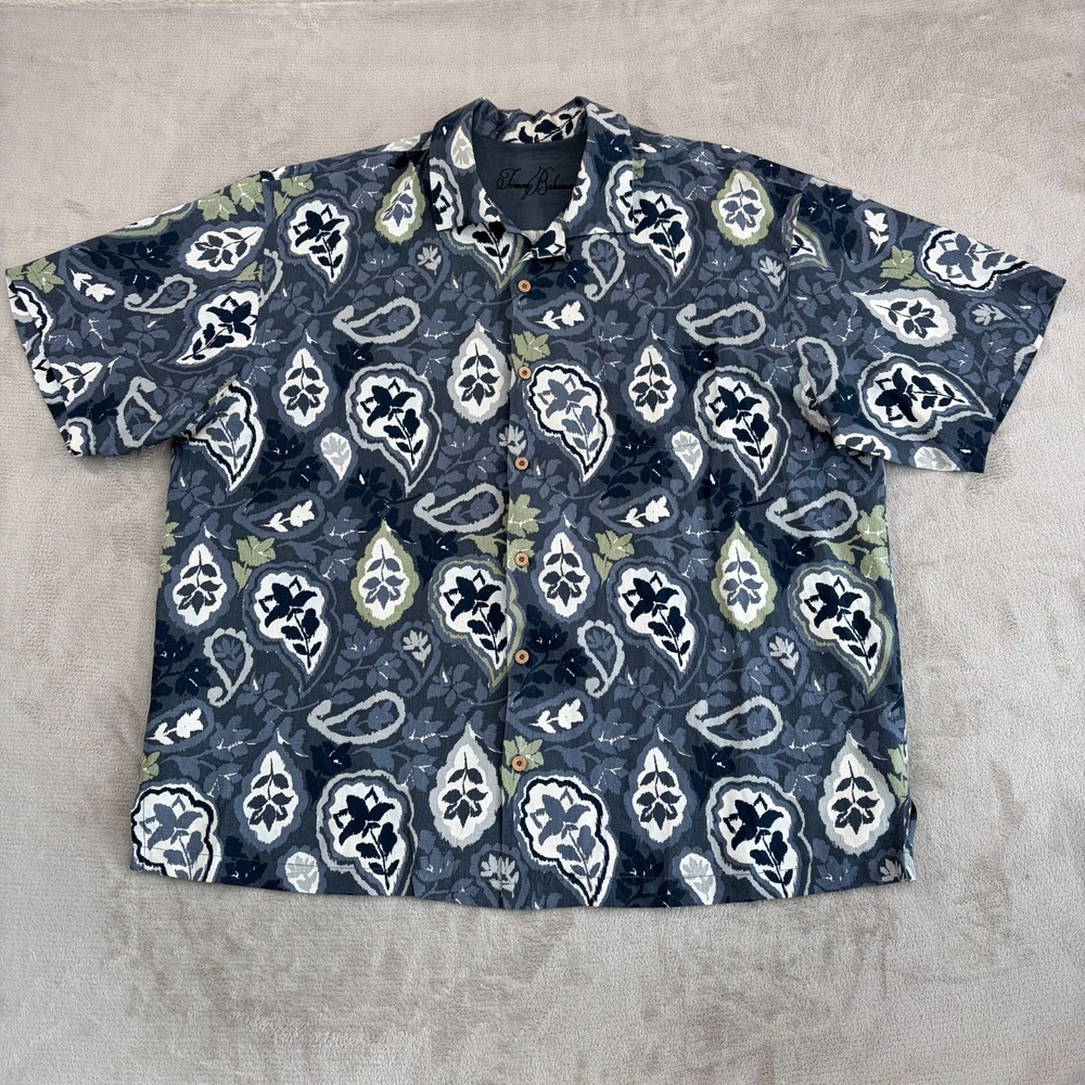 Tommy‎ Bahama Camp Shirt Men 2XL Grey Multi Silk Linen Floral Loop Collar RARE